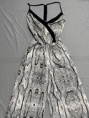 Lucy Paris Snake Print Jumpsuit Small Black White Strappy Wide Leg
